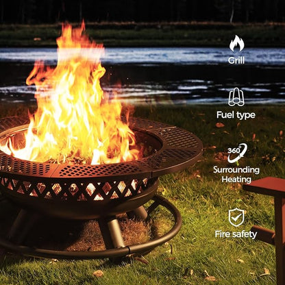 Panovue 42 Inch Outdoor Fire Pit with Grill, Large Firepit Table for Outside, Metal Round Firepits with Lid&Fire Poker,3 in 1 Wood Burning Fire Pits & Outdoor Fireplaces for Backyard,Patio(42'' Black)