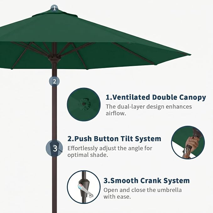 10FT Patio Umbrella Outdoor Market Umbrella with Crank and Tilt, 8 Flexible Fiberglass Ribs, UV-Resistant Waterproof Canopy for Patio, Deck, Garden, Backyard, Forest Green