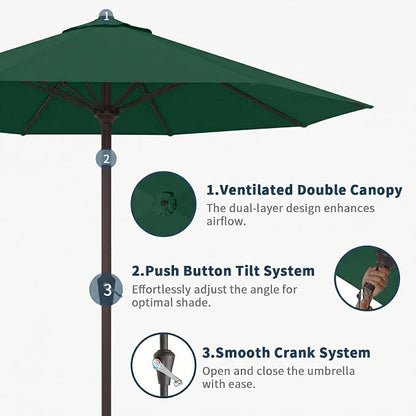 10FT Patio Umbrella Outdoor Market Umbrella with Crank and Tilt, 8 Flexible Fiberglass Ribs, UV-Resistant Waterproof Canopy for Patio, Deck, Garden, Backyard, Forest Green