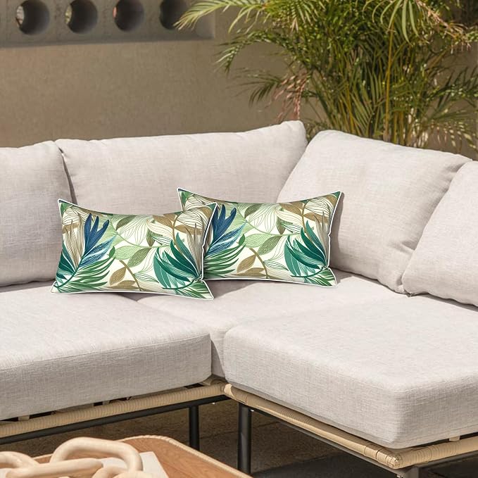 LVTXIII 2 Pack Outdoor Lumbar Pillow Covers 12x20 Inch with Piping, Water-Repellent Back Cushion Covers ONLY for Patio Furniture, Sofa, Garden Bench, Lush Leaf Green