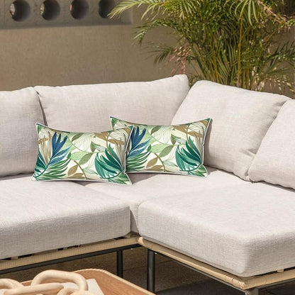 LVTXIII 2 Pack Outdoor Lumbar Pillow Covers 12x20 Inch with Piping, Water-Repellent Back Cushion Covers ONLY for Patio Furniture, Sofa, Garden Bench, Lush Leaf Green