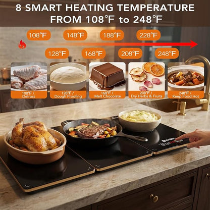 Electric Warming Tray for Buffet Party - 8 Panels Electric Glass Top Heating Plate, 8 Level Temp Control Easy Clean Surface Overheat Protection and Timer: for Busy Hosts Party Dinners and Holiday Meal