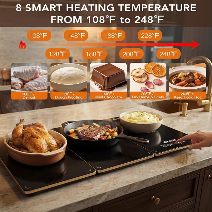 Electric Warming Tray for Buffet Party - 4 Panels Electric Glass Top Heating Plate, 8 Level Temp Control Easy Clean Surface Overheat Protection and Timer: for Busy Hosts Party Dinners and Holiday Meal