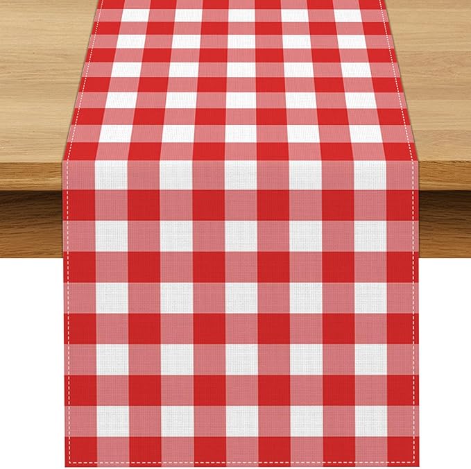 Italian Red and White Gingham Table Runner Checkered Baby Shower Party Decoration Christmas BBQ Picnic Home Kitchen Island Decor (Red, 13" x 90")