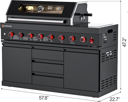 6+1 Burner Natural Gas Modular Outdoor Kitchen Grill Module 99500 BTU Black Stainless Steel BBQ with Side Burner for Patio Island Permanent Gas Line NG