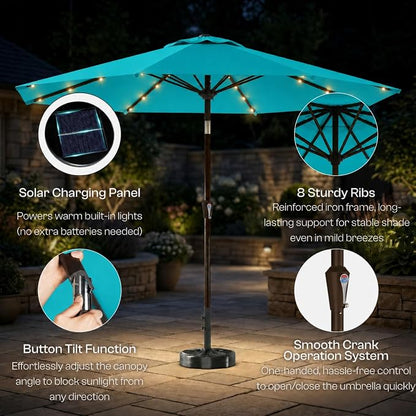 10FT Solar Lighted Patio Umbrella, Outdoor Table Market Umbrellas with Push Button Tilt and Crank, 32 LED Lights, 8 Sturdy Ribs, UV-Resistant for Deck, Garden, Pool