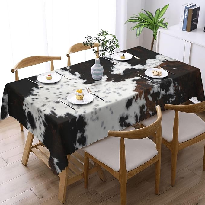 White and Brown Cow Skin Rectangular Tablecloth, Animals Skin Table Cloth Washable Tablecloths Decorative Table Cover for Kitchen, Dining, or Parties 54x72 Inches