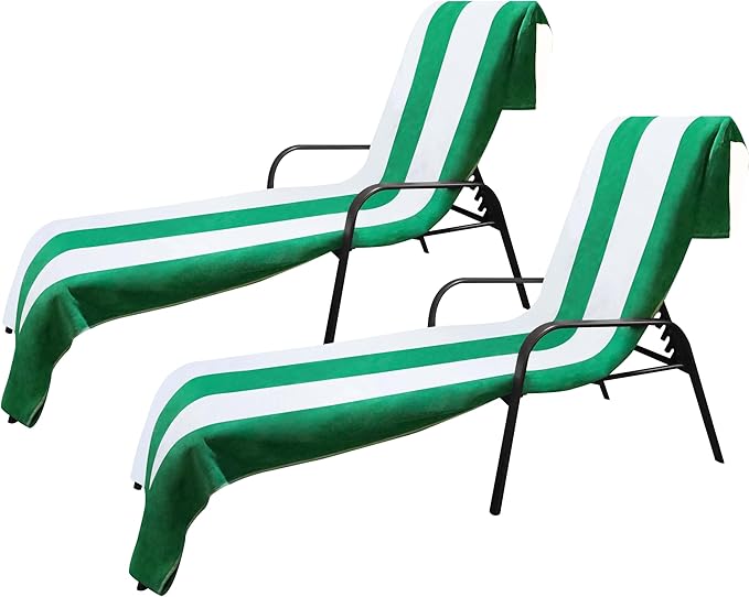 Superior Cabana Cotton Lounge Chair Cover, Outdoor Towel/Chaise Furniture Covers, Terry Cloth, Beach, Spa, Swim Accessories, Pool Chair Cover, Soft, Quick Drying, 32" x 102", Set of 2, Green