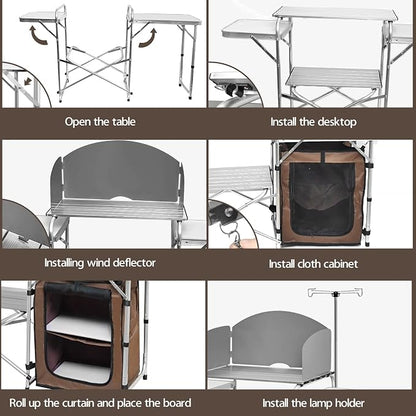 CampLand Folding Camping Kitchen Table with Windscreen,Portable Outdoor Cooking Station with Storage Cabinet & Side Tables Heavy Duty Camp Cook Station for Camping & BBQ（White）