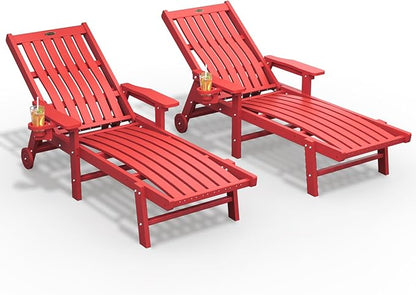 THOEOE Patio Chaise Lounge Chair Set of 2, Oversized Lounge Chair Outdoor with 5 Positions, 78″ Long, HDPE, Patio Lounge Chair with Wheels & Cup Holder for Pool, Deck, Poolside,Red