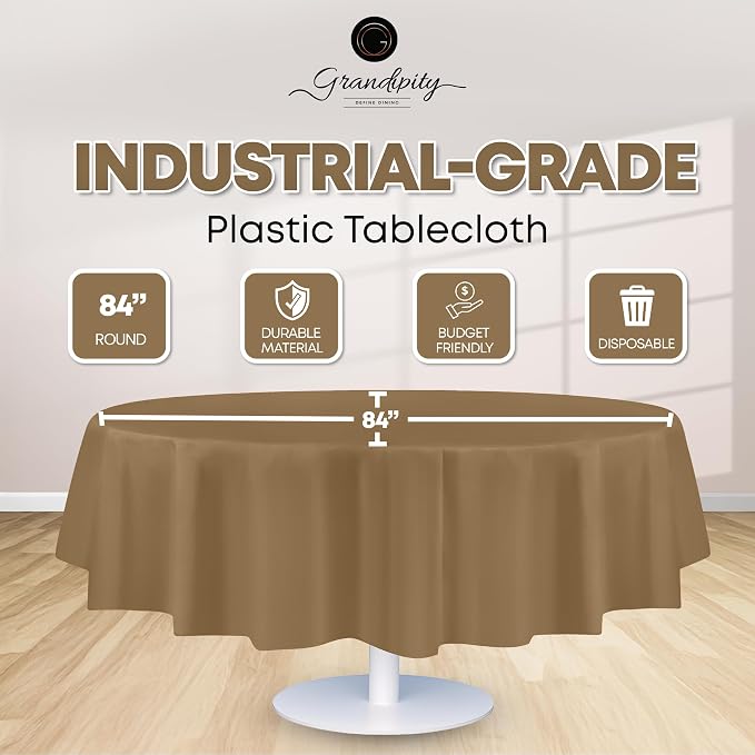 Grandipity 12 Pack Premium Disposable Plastic Tablecloth 84" Inch Decorative Round Table Cover - Gold