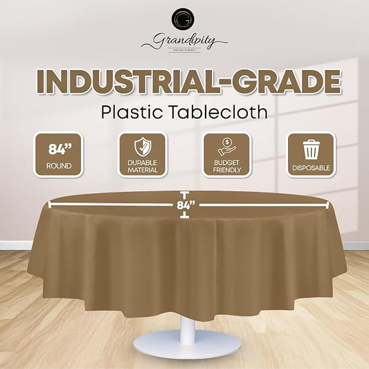 Grandipity 12 Pack Premium Disposable Plastic Tablecloth 84" Inch Decorative Round Table Cover - Gold