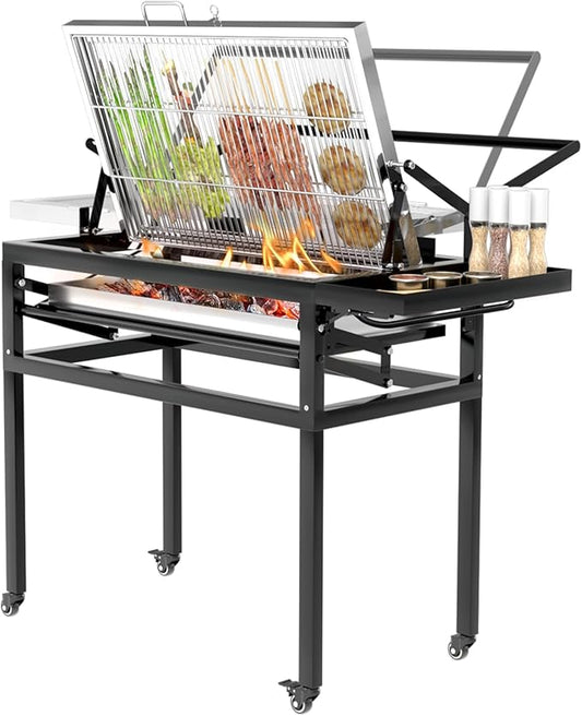 Flipping Charcoal Grill with Wheels, 360° Rotating BBQ Cooking Grid Stand-up Grills, Heavy Duty Square Outdoor Detachable Portable Grillfor Camping Garden Commercial Barbeque