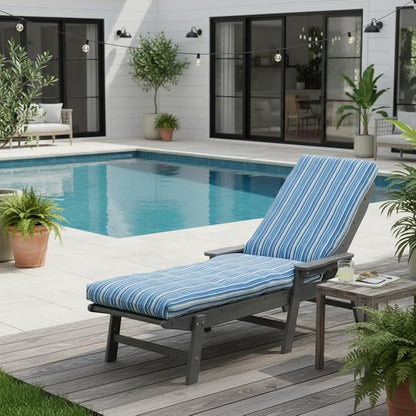Modern Outdoor Chaise Lounge Cushion with Ties – Durable Polyester Fabric, Channel-Filled Polyfiber Insert, Removable Zippered Cover, Sapphire Stripe