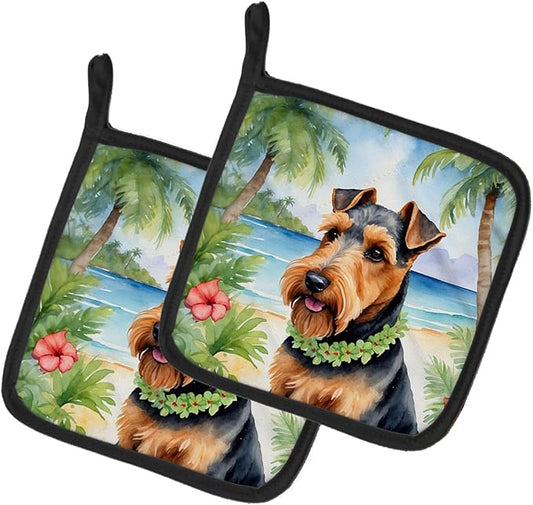 Caroline's Treasures Welsh Terrier Luau Pair of Pot Holders Kitchen Heat Resistant Pot Holders Sets Oven Hot Pads for Cooking Baking BBQ, 7 1/2 x 7 1/2