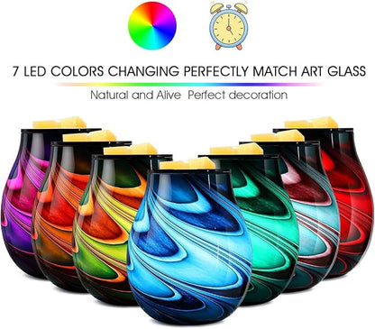 Inrorans Glass Electric Wax Melt Warmer Oil Burner with Stable Heating PTC Reusable Silicone Tray 7 Colorful Changing Led Light Night Light Scent Warmer for Home Fragrance Warmers-Brownblue Timer
