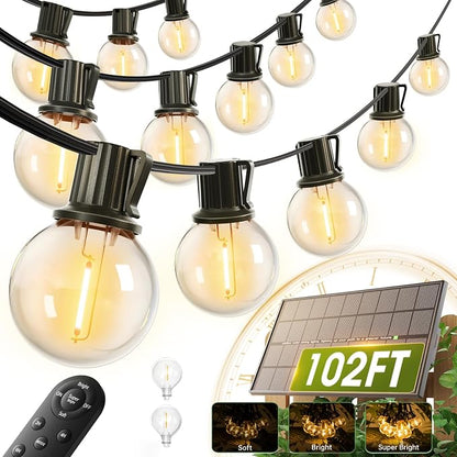 addlon 102FT Solar String Lights Outdoor, Waterproof, USB Charging | Dimmable, 3 Light Modes, Remote, 30+2 LED Bulbs, Easy Install, Ideal for Large Backyard, Garden, Wedding, Party, Camping