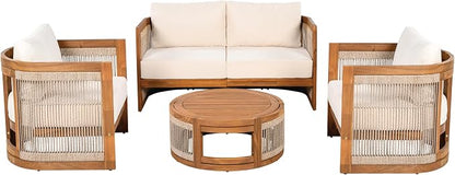 VilroCaz 4-Piece Patio Conversation Set, All Weather Sectional Sofa Set w/ 2 Chairs, Loveseat & Table Premium, Acacia Wood Outdoor Furniture Set with Woven Rope Accents and Cushions (Teak+Beige)