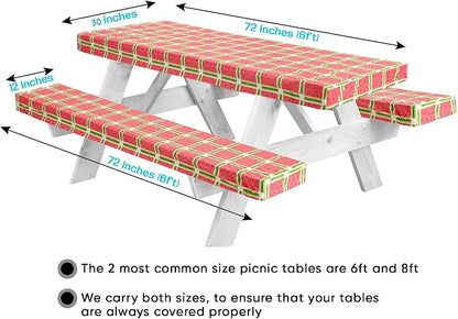 LINPRO 6ft Picnic Table Cover with Bench Covers Vinyl Fitted Picnic Table Covers with Elastic Camping Essentials and Picnic Tablecloth and RV Accessories