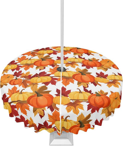 Fall Tablecloth Fall Leaves Pumpkin Round Outdoor Tablecloths 60 Inch, Patio Table Cloths with Umbrella Hole and Zipper, Autumn Harvest Table Cover for Outdoor Tables Picnic Holiday Thanksigving