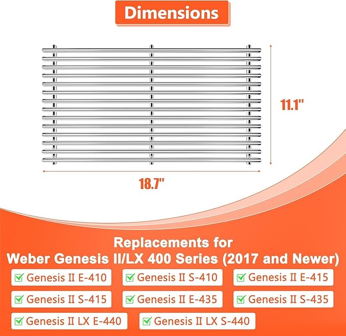 QuliMetal SUS304 9MM Grill Grates for Weber Genesis II E-410/E-415/E-435, Grill Parts for Genesis II/LX E-440 Series Gas Grills, 304 Stainless Steel Grill Grates Parts for Weber GS4 66089 66097