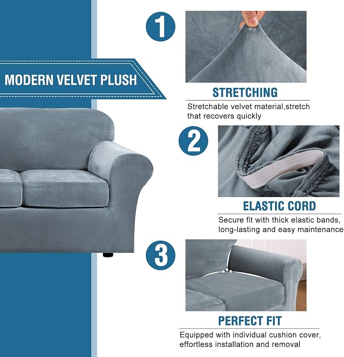 H.VERSAILTEX Rich Velvet Stretch 2 Piece Cover Chair Slipcover Sofa Cover Furniture Protector Couch Soft with Elastic Bottom Chair Couch Cover with Arms Width Up to 49 Inch(Chair, Stone Blue)