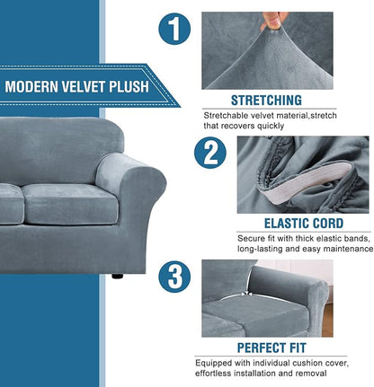 H.VERSAILTEX Rich Velvet Stretch 2 Piece Cover Chair Slipcover Sofa Cover Furniture Protector Couch Soft with Elastic Bottom Chair Couch Cover with Arms Width Up to 49 Inch(Chair, Stone Blue)