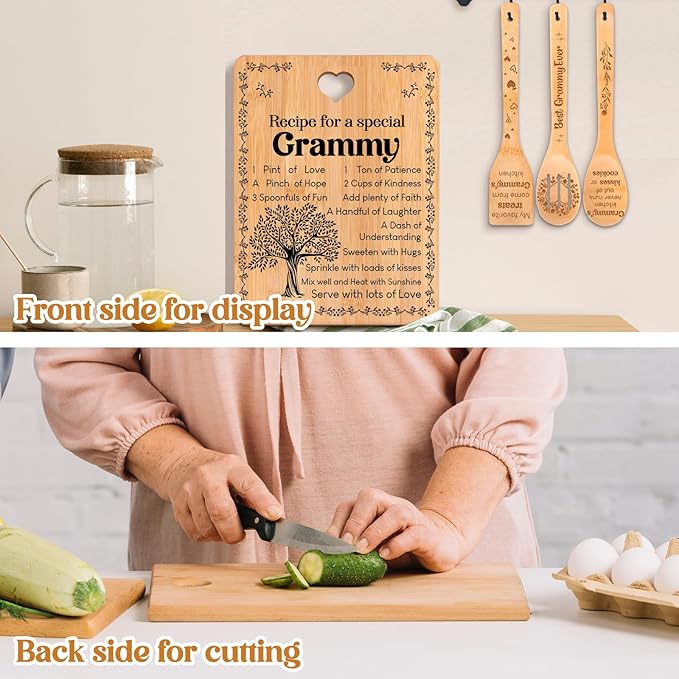 Grammy Gifts - "Recipe for a Special Grammy" Gifts for Grammy Cutting Board Set, Bamboo-Made Engraved Utensil Set Grammy Cutting Board, Mothers Day Gifts for Grammy.