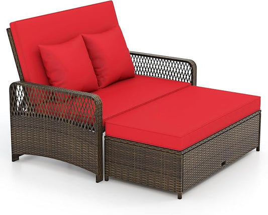 Tangkula Patio Adjustable Wicker Daybed, Rattan Loveseat & Storage Ottoman w/ 4-Level Backrest & Soft Cushions, Space-Saving 2-Person Sun Lounger for Backyard, Porch (Red)
