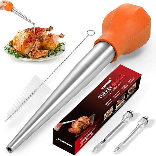 SCHVUBENR Large Turkey Baster Set - Stainless Steel Baster Tool for Cooking - Includes Basting Brush, Cleaning Brush & Injector Needles - Heavy Duty Baster Syringe - Flavor Meat Poultry, Beef - Orange