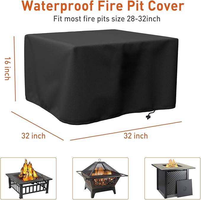 LBTING Fire Pit Cover, 32 inch Cover for 28-32 inch Square Firepit, Waterproof Windproof Dustproof UV-Resistant Heavy Duty Cover for Outdoor Patio Firepit Table - Black