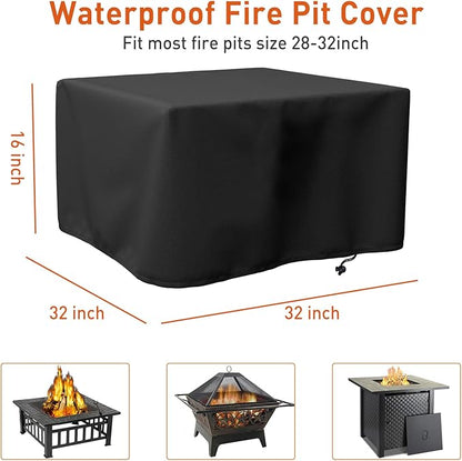 LBTING Fire Pit Cover, 32 inch Cover for 28-32 inch Square Firepit, Waterproof Windproof Dustproof UV-Resistant Heavy Duty Cover for Outdoor Patio Firepit Table - Black