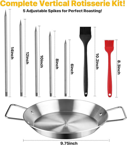 Gyro Pan with Skewer for Oven, Stainless Steel Vertical Skewer Pan for Trompo Al Pastor Tacos, Shawarma Kebab Rotisserie Grill with 5 Adjustable Spikes & Brush, BBQ Smoker Accessories