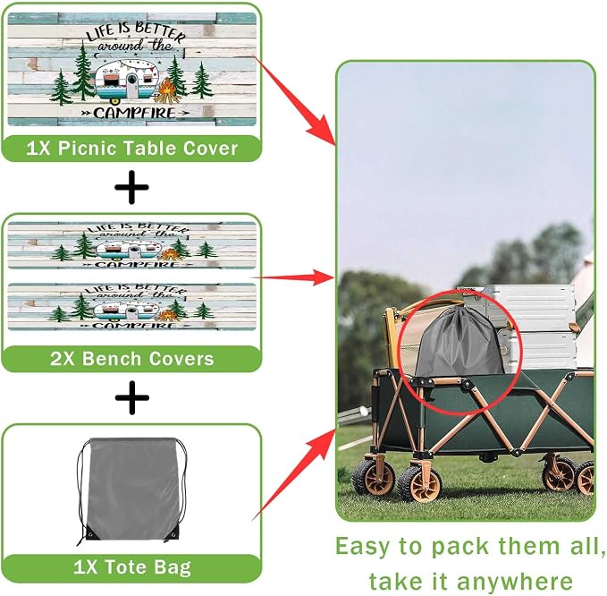 JAWO Picnic Table Cover with Bench Seats 3 Piece Set, Vintage Wooden Camper Pine Tree Camping Elastic Fitted Picnic Tablecloth Outdoor Camping Patio Picnic Table, 30X60 inch