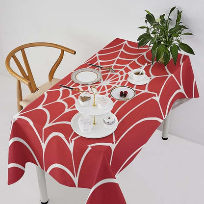 Spider Web Hero Tablecloth, White Spiderweb Red Cobweb Water Resistant Wipeable Table Cover for Picnic Party Holiday Kitchen Dinner Table 55"x75"