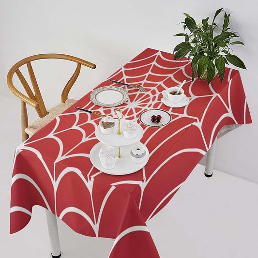 Spider Web Hero Tablecloth, White Spiderweb Red Cobweb Water Resistant Wipeable Table Cover for Picnic Party Holiday Kitchen Dinner Table 55"x75"