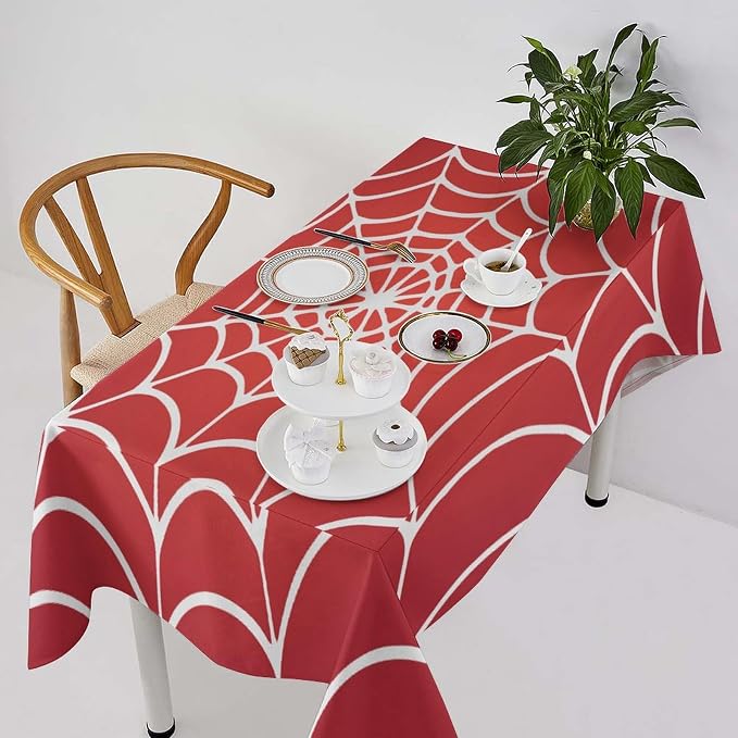 Spider Web Hero Tablecloth, White Spiderweb Red Cobweb Water Resistant Wipeable Table Cover for Picnic Party Holiday Kitchen Dinner Table 60"x90"