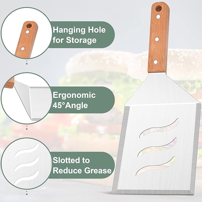 Extra Large Metal Burger Spatula Set of 2, Leonyo Heavy Duty Stainless Steel Griddle Slotted Hamburger Turner, Barbecue Cast Iron Grilling Flat Top Griddle Accessories, Wooden Handle