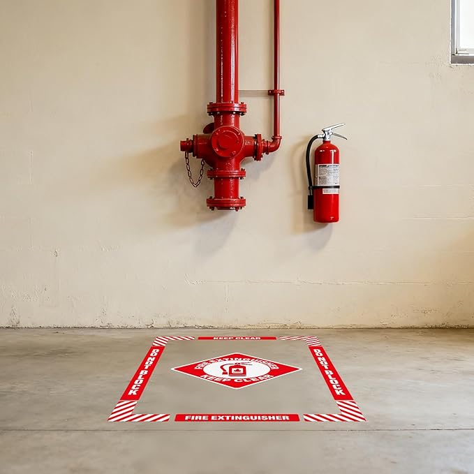 2 Pack Fire Extinguisher Signs Self Adhesive Keep Clear Do Not Block Floor Sign with Strips Waterproof Vinyl Fire Extinguisher Floor Marking Kits for Business Warehouse Office Red