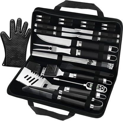 POLIGO 26 PCS BBQ Grill Accessories Stainless Steel BBQ Tools Grilling Tools Set with Storage Bag for Fathers Day Dads Birthday Presents - Camping Grill Utensils Set Ideal Grilling Gifts for Men Black