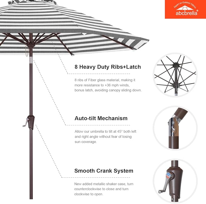 ABCCANOPY OLEFIN® 5-Year No Fading 9FT Outdoor Patio Umbrella(Gray Stripe) | Fade & UV Resistant Fabric,8 Fiberglass Ribs，Wind Vent，Crank Lift & Tilt,Outdoor Table Umbrella for Deck,Backyard,Yard