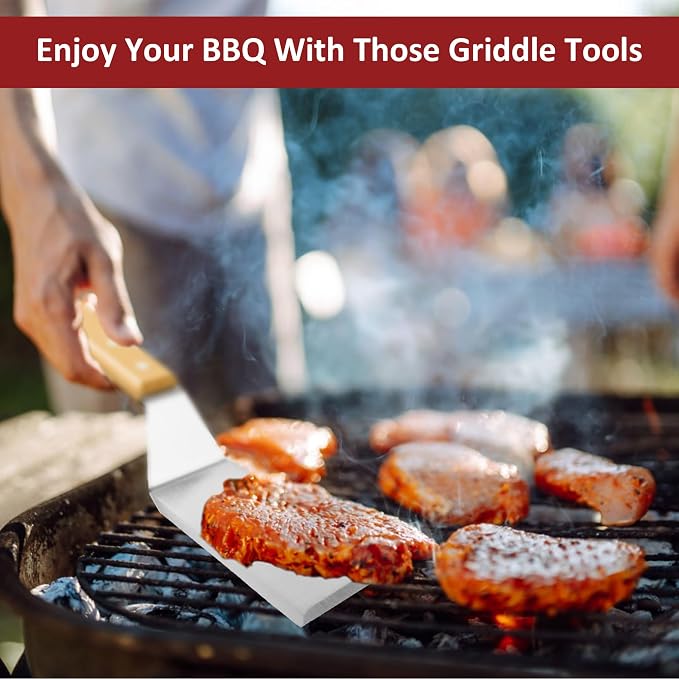 Stainless Steel Metal Spatula Set, 4 Pcs Teppaniyaki Griddle Accessories - Grill Burger Turner Long Pancake Flipper Griddle Scraper for Flat Top Cast Iron BBQ, Wooden Handle, Easy to Clean