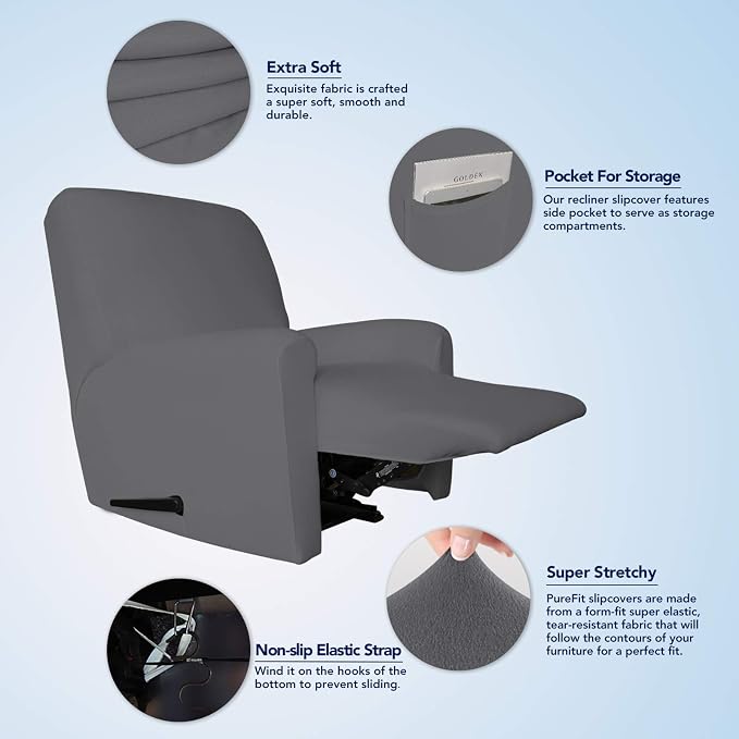 PureFit Stretc Recliner Chair Covers Fleece Soft Couch Covers for Sofa | Gray 4-Pieces Recliner Slipcover Pocket Couch Protector, Fleece Sofa Cover Washable with Non Slip Elastic Bottom