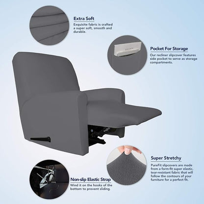 PureFit Stretc Recliner Chair Covers Fleece Soft Couch Covers for Sofa | Gray 4-Pieces Recliner Slipcover Pocket Couch Protector, Fleece Sofa Cover Washable with Non Slip Elastic Bottom