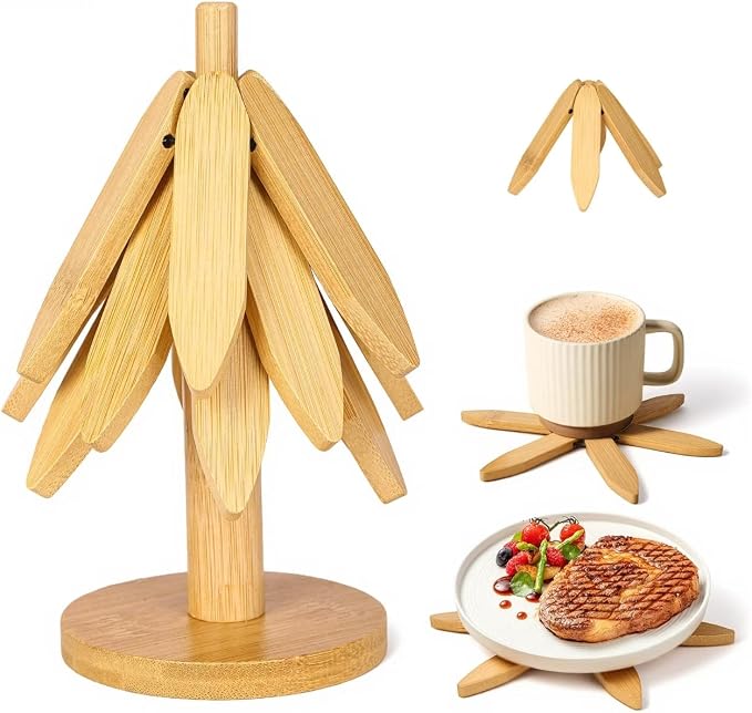 DecBeLiv Foldable Tree Trivet Wooden Hot Plate Holder, Bamboo Trivet for Hot Dishes, Heat-Resistant Pot Holder Tree for BBQ, Picnic, Outdoor Dining & Kitchen Decor