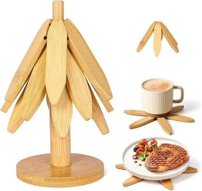 DecBeLiv Foldable Tree Trivet Wooden Hot Plate Holder, Bamboo Trivet for Hot Dishes, Heat-Resistant Pot Holder Tree for BBQ, Picnic, Outdoor Dining & Kitchen Decor