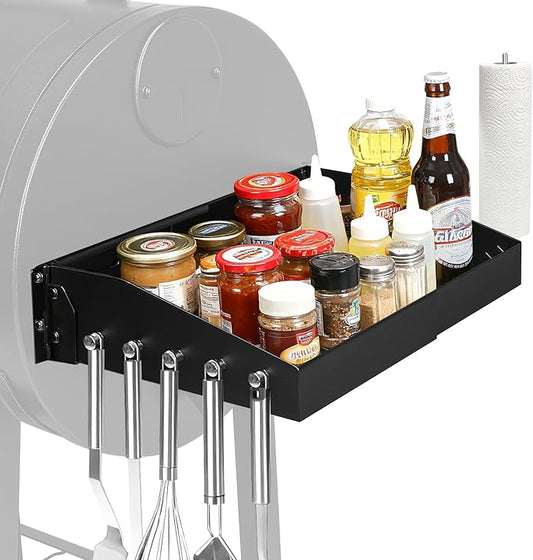 GRISUN Adjustable Folding Grill Side Shelf for Pit Boss 540 & 700FB, Side Prep Table with 5 Tool Hooks for Camp Chef, Char-Griller & Dyna-Glo Grills