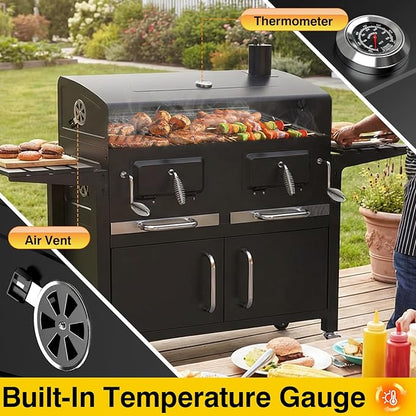 Bestfire 63" Oversized Charcoal BBQ Grill & Smoker, Large Outdoor Grill with 2 Individual Lifting Charcoal Trays, Cabinet-Style Charcoal Grills with Foldable Side Tables, 4 Wheels, Asadores de Carbon