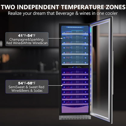 COWSAR 24 Inch Wine Cooler Drink Fridge, 105 Bottles Commercial Wine Fridge, Tall Freestanding/Built-in Beverage Refrigerator Glass Door with Removable Wooden Shelves, Blue LED Lights, Safety lock