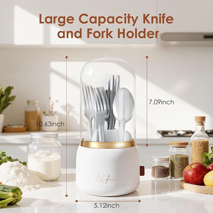 EXIN DECHEN Silverware Organizer with Lid,Cutlery Holder,White with Gold | Waterproof and Dustproof,360°Rotating,Store Knives Forks Spoons Chopsticks for Kitchen Counter,Table,Party,Outdoor Camping,Rv